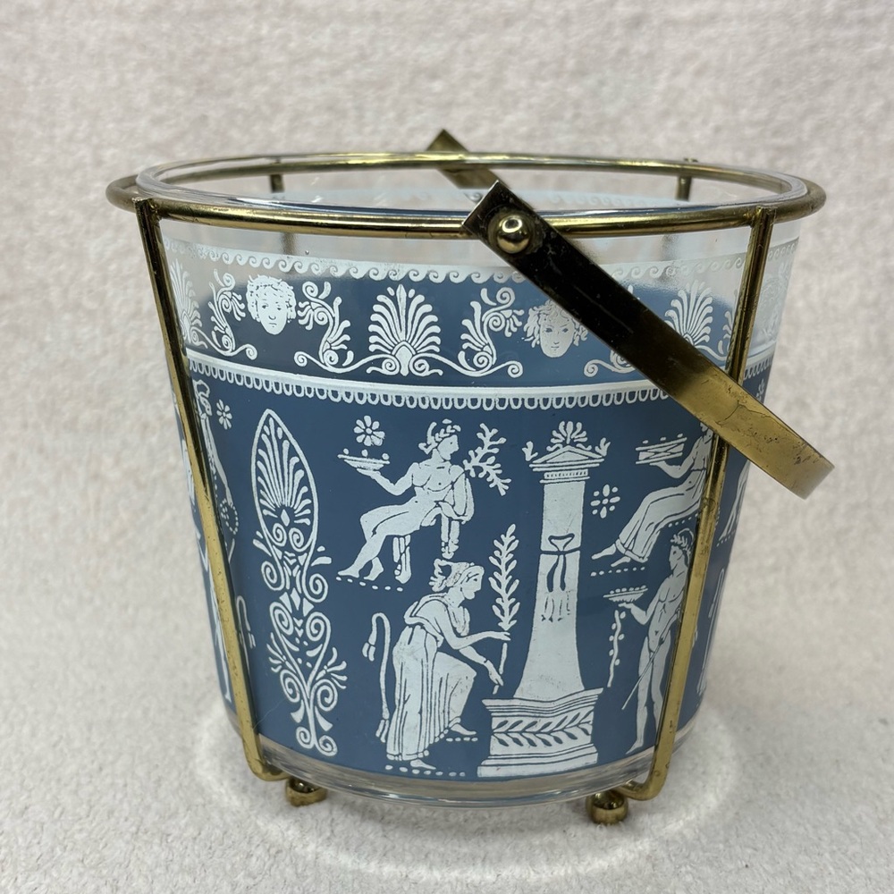 Vintage Jeanette Blue and White Wedgwood-Style Glass Ice Bucket with Brass Frame